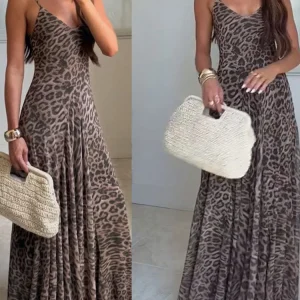 Vestido Longo Leopardo Cintura Alta Sem Costas Decote V