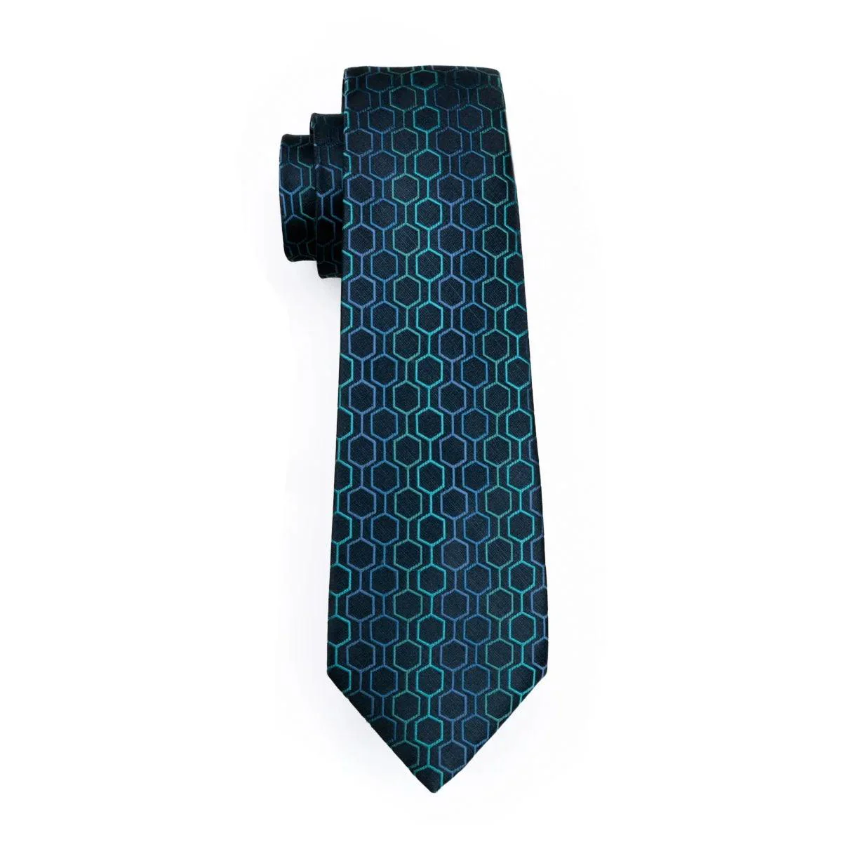 Gravata Masculina de Seda Azul Geométrica com Lenço e Abotoaduras - Image 5