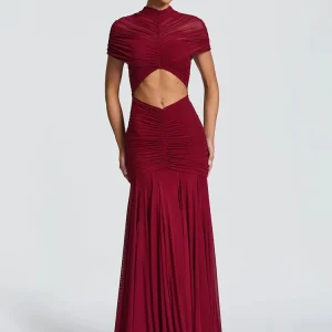 Vestido Longo Feminino Slim Franzido Com Manga Curta E Gola Alta Elegante Para Mulheres
