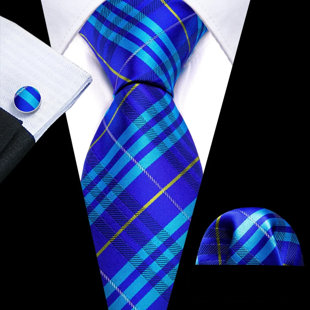kIt Gravata Masculina Clássica Azul Xadrez - Image 2